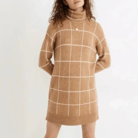Madewell Windowpane Turtleneck Sweater Dress in Heather Granola at Nordstrom, Size Large